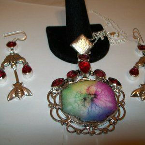 HUGE RAW TOURMALINE PENDANT WITH GARNET ACCENTS AND GARNET DANGLES
